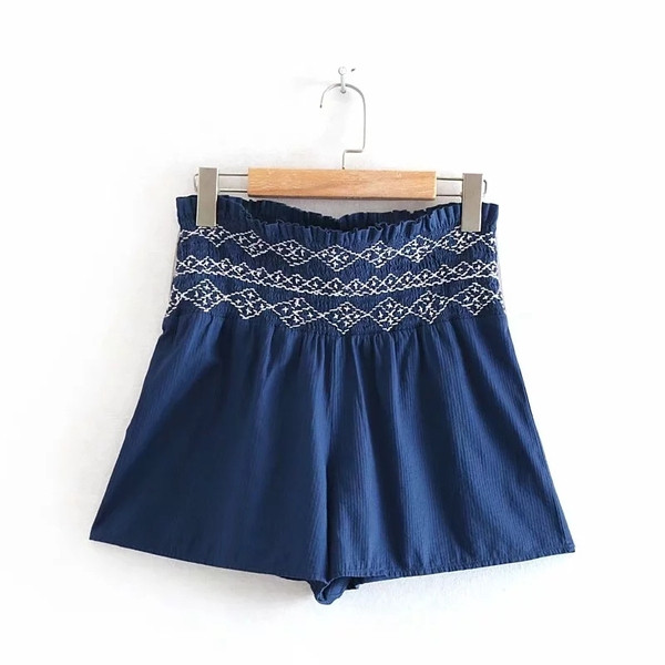 Pantaloni scurți de damă cu talie elastică înaltă de culoare albastră