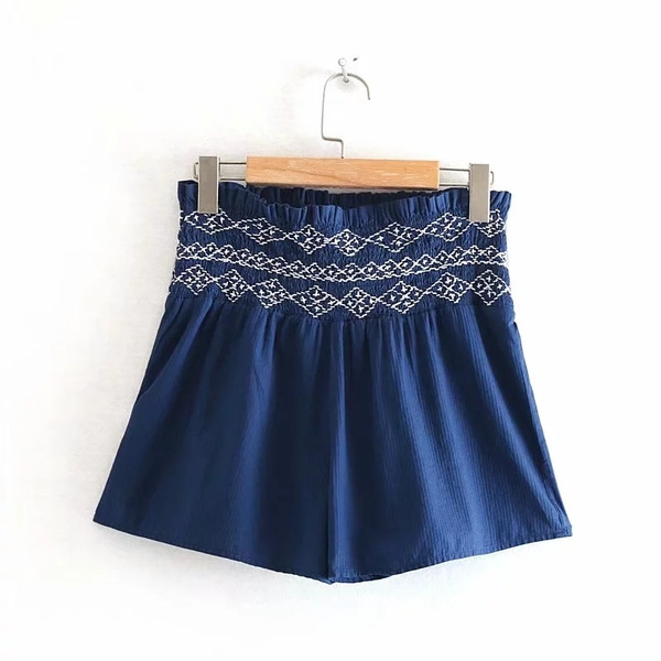 Pantaloni scurți de damă cu talie elastică înaltă de culoare albastră