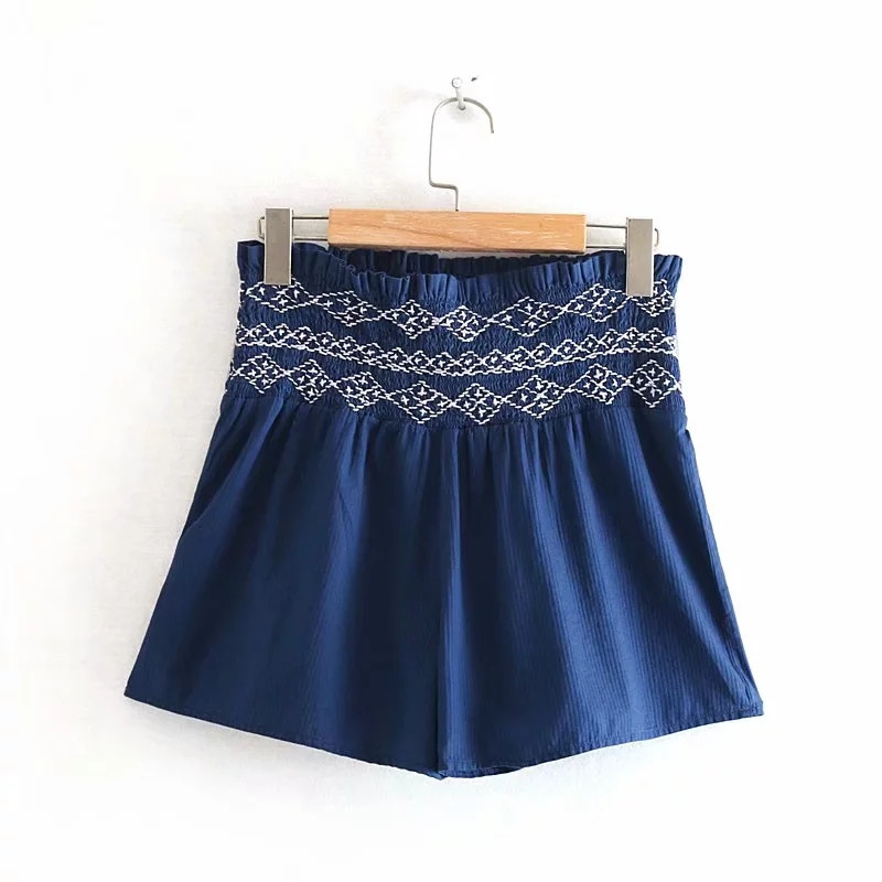 Pantaloni scurți de damă cu talie elastică înaltă de culoare albastră