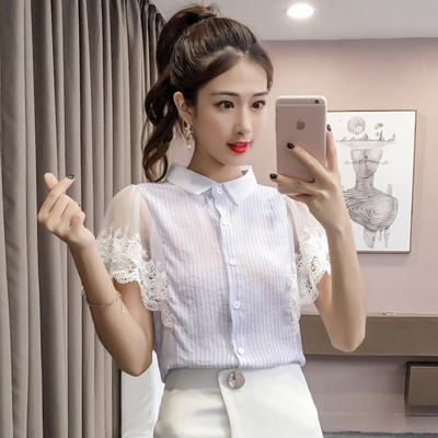 Cămașă modernă de damă cu mâneci scurte și dantelă - în trei culori