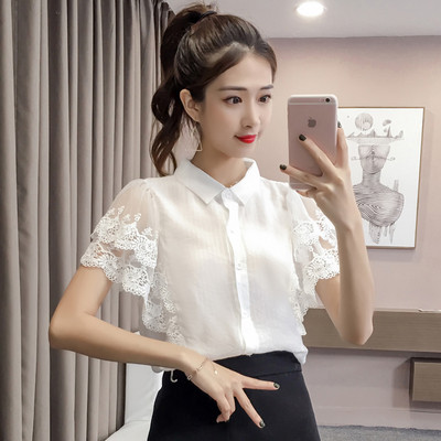 Cămașă modernă de damă cu mâneci scurte și dantelă - în trei culori