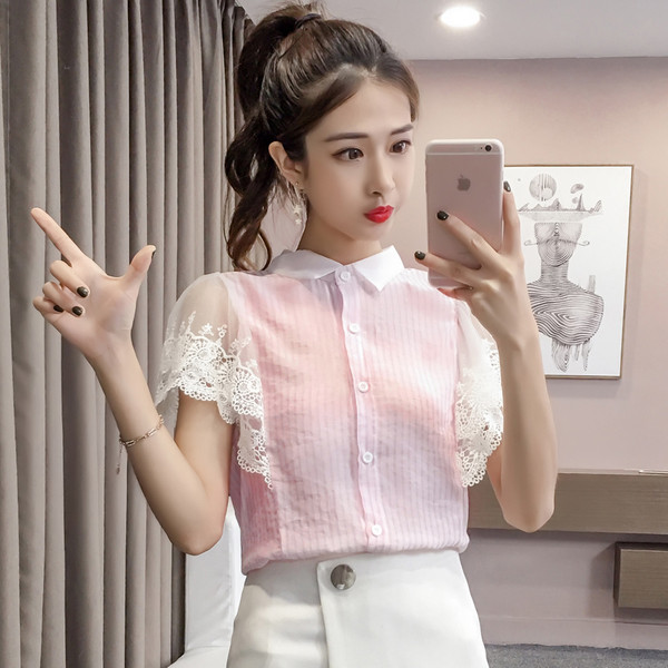 Cămașă modernă de damă cu mâneci scurte și dantelă - în trei culori