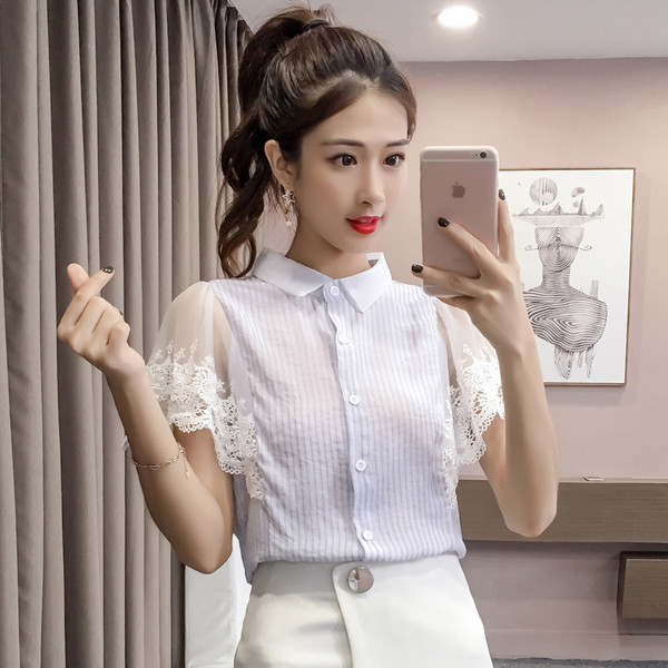 Cămașă modernă de damă cu mâneci scurte și dantelă - în trei culori