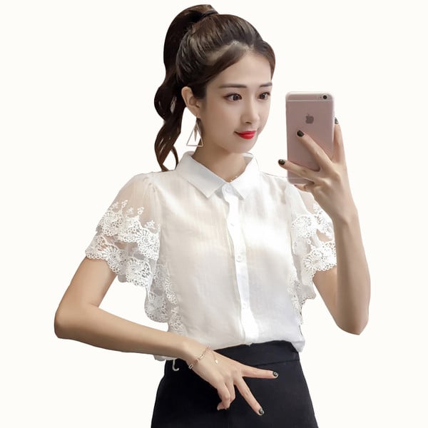 Cămașă modernă de damă cu mâneci scurte și dantelă - în trei culori