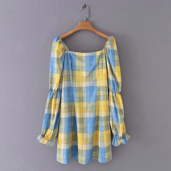 Rochie de dama in carouri model nou cu decolteu patrat