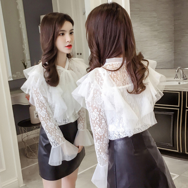 Cămașă elegantă de damă cu mâneci lungi și dantelă - în trei culori