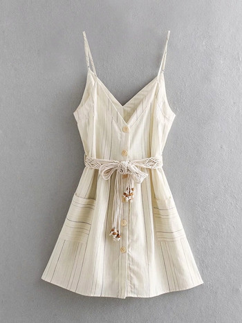 Rochie casual de dama cu bretele subtiri si nasturi in bej