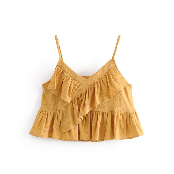 Női lezser felső vékony pánttal és V-nyakú sárga színben