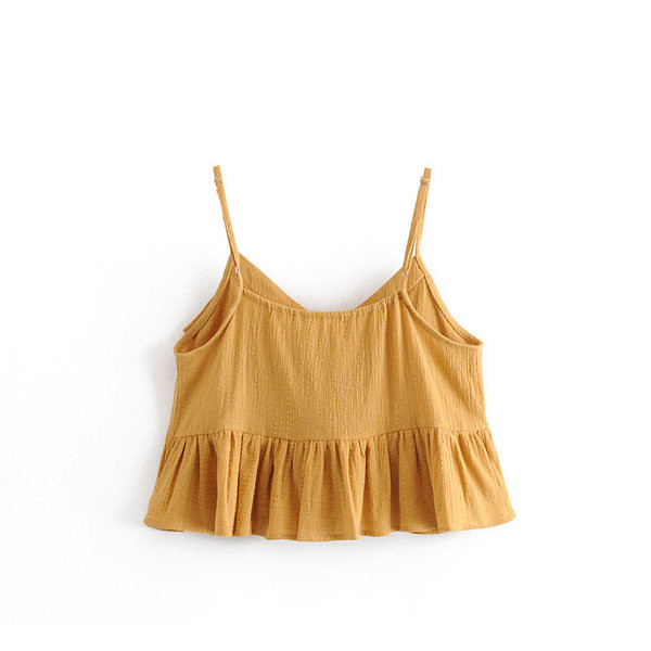 Női lezser felső vékony pánttal és V-nyakú sárga színben