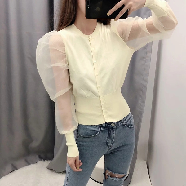 Cardigan de dama model nou cu maneci din tul in doua culori