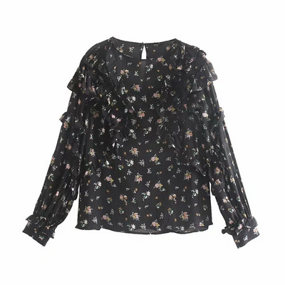 Modern női blúz O-nyakkal, virágmotívumokkal, fekete színben