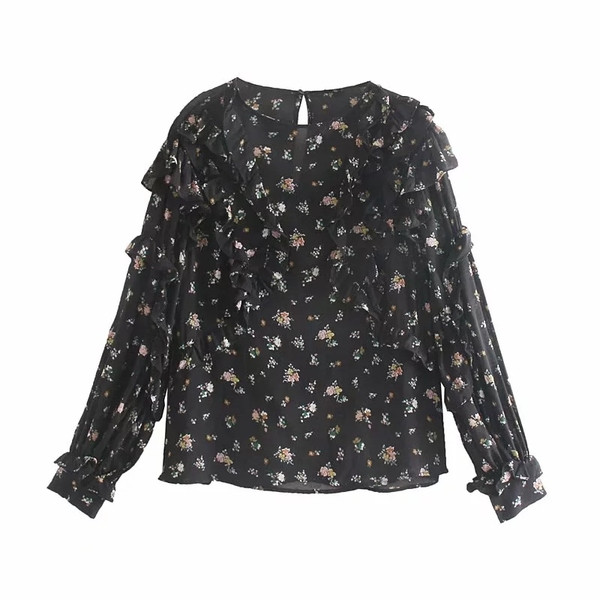 Modern női blúz O-nyakkal, virágmotívumokkal, fekete színben
