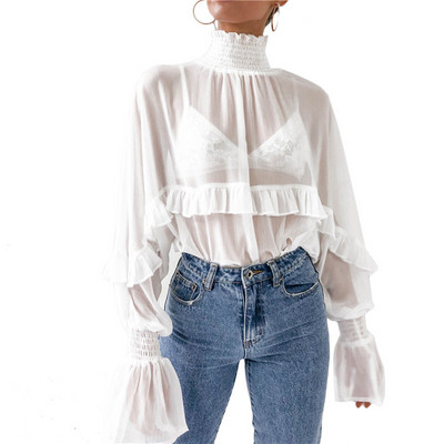 Cămașă elegantă de damă cu guler înalt în alb-negru