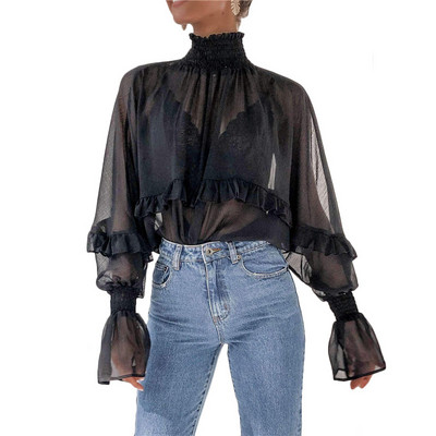 Cămașă elegantă de damă cu guler înalt în alb-negru