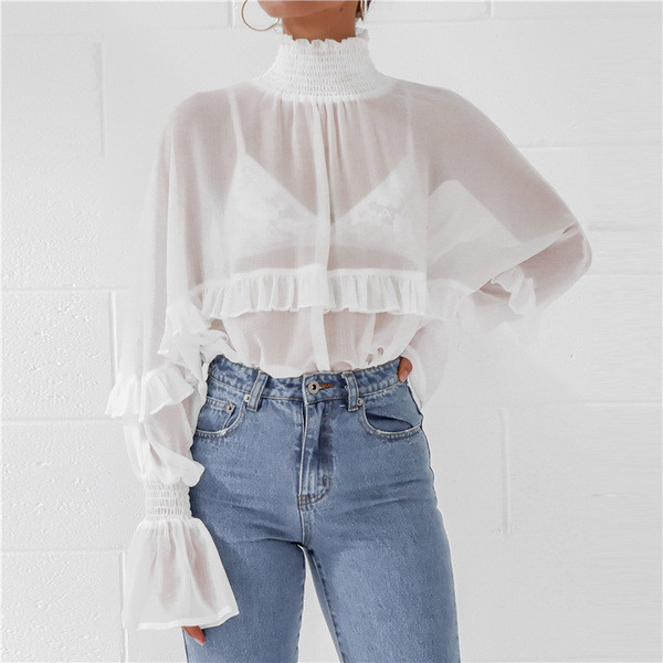 Cămașă elegantă de damă cu guler înalt în alb-negru