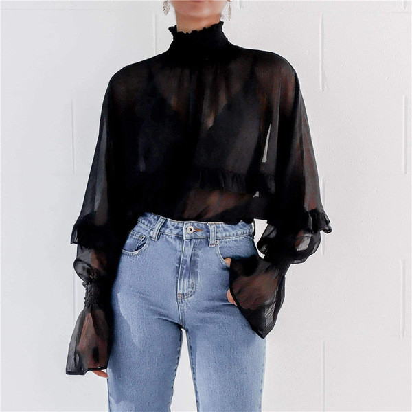 Cămașă elegantă de damă cu guler înalt în alb-negru