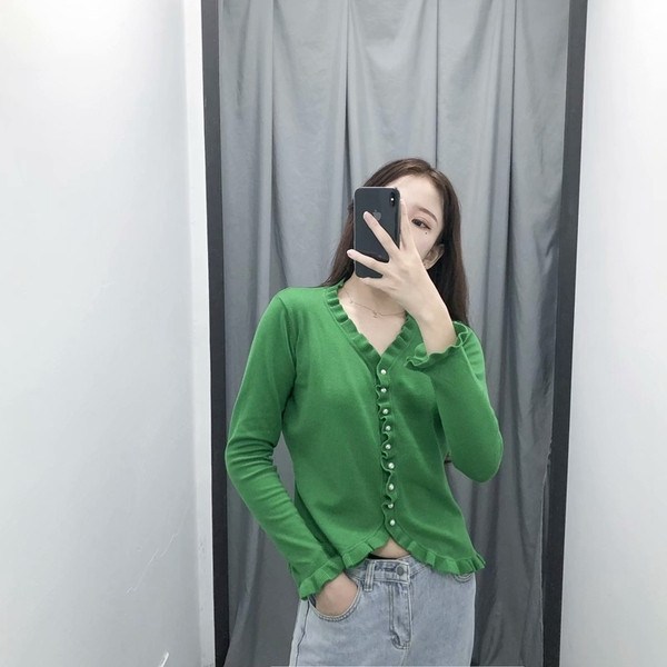 Női kardigán zöld színben, díszítéssel - gyöngy