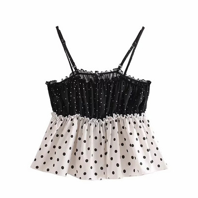 Női pöttyös felső csipkével, fekete-fehér színben