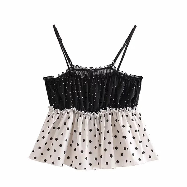 Női pöttyös felső csipkével, fekete-fehér színben