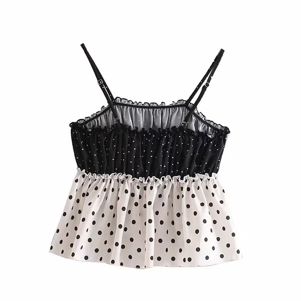 Női pöttyös felső csipkével, fekete-fehér színben