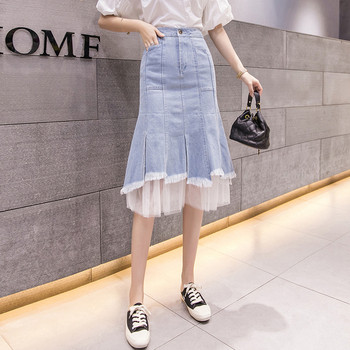 Fusta de dama moderna in albastru cu talie inalta