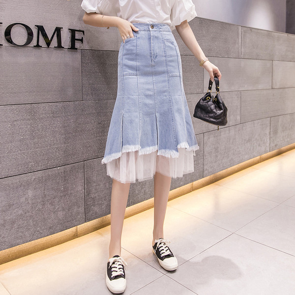 Fusta de dama moderna in albastru cu talie inalta