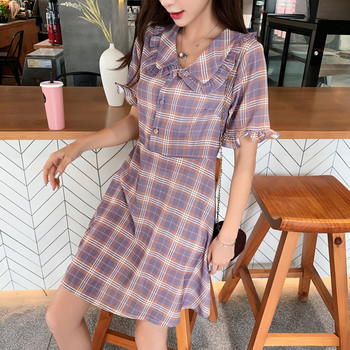 Rochie casual de dama in carouri cu maneci scurte