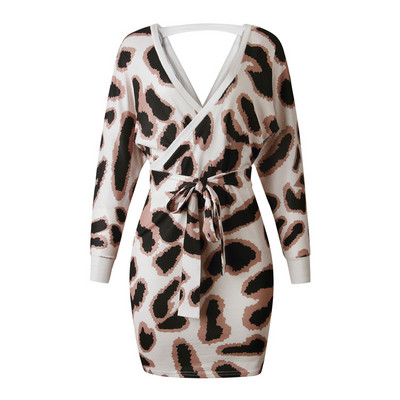 Rochie de dama cu decolteu in V, maneci lungi si model leopard