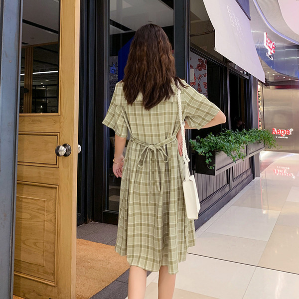 Női alkalmi kockás ruha zöld színben