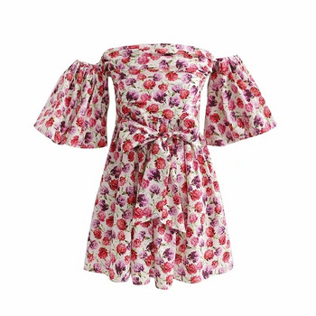 Rochie elegantă de damă, cu umerii goi și model colorat