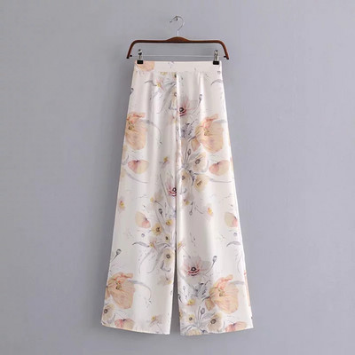 Дамски панталон с цветен мотив и висока талия