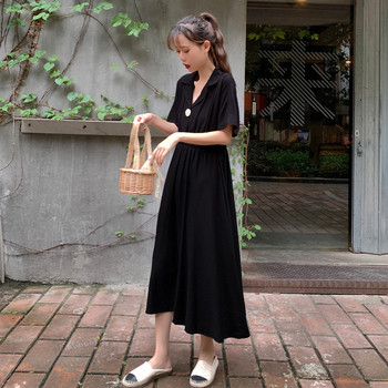 Rochie lungă casual de damă, de culoare neagră, cu decolteu în V