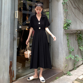 Rochie lungă casual de damă, de culoare neagră, cu decolteu în V