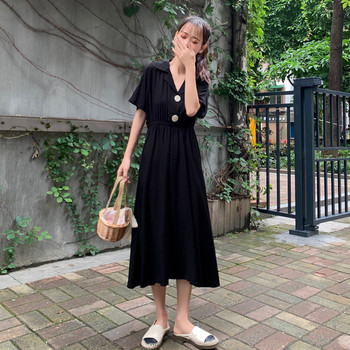 Rochie lungă casual de damă, de culoare neagră, cu decolteu în V