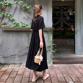 Rochie lungă casual de damă, de culoare neagră, cu decolteu în V