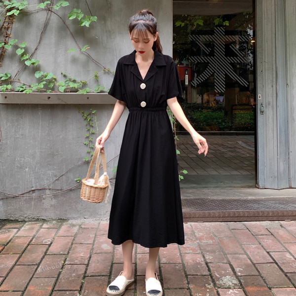 Rochie lungă casual de damă, de culoare neagră, cu decolteu în V