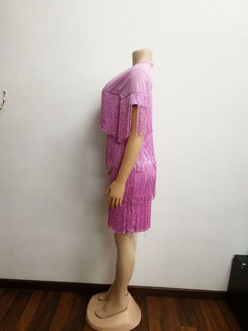 Rochie elegantă de damă cu mâneci scurte și franjuri în culoarea roz