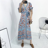 Rochie de dama cu decolteu in V si maneci scurte cu cravate in trei culori