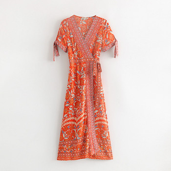 Rochie de dama cu decolteu in V si maneci scurte cu cravate in trei culori