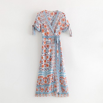 Rochie de dama cu decolteu in V si maneci scurte cu cravate in trei culori