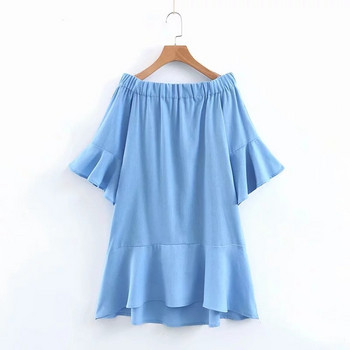 Rochie moderna de dama - model larg si maneca lotus in albastru