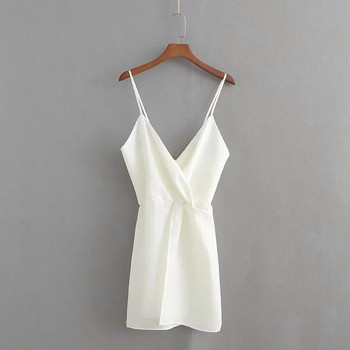 Rochie actuală de damă cu decolteu în V și bretele subțiri în alb