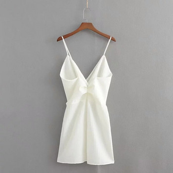 Rochie actuală de damă cu decolteu în V și bretele subțiri în alb