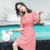 Női alkalmi kockás ruha piros és sárga színben