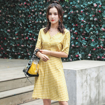 Női alkalmi kockás ruha piros és sárga színben