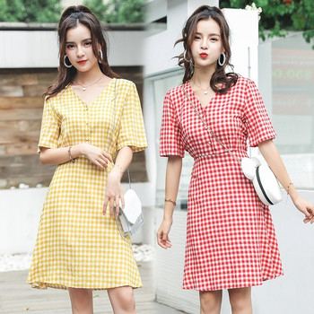 Női alkalmi kockás ruha piros és sárga színben