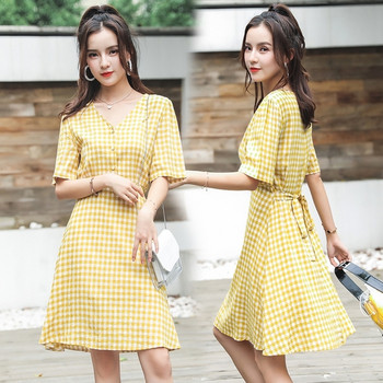 Női alkalmi kockás ruha piros és sárga színben