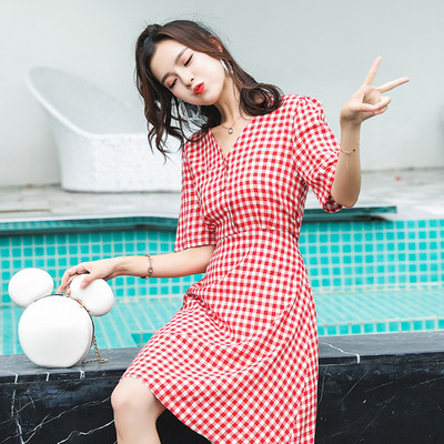 Női alkalmi kockás ruha piros és sárga színben