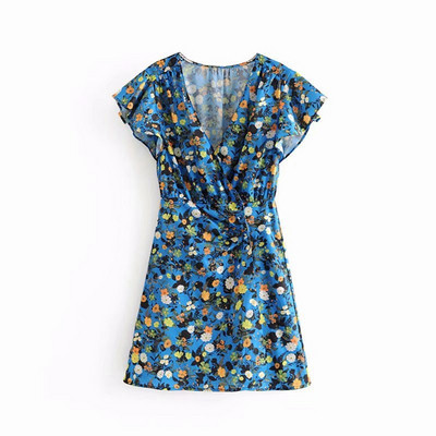 Rochie scurta de dama in albastru cu model colorat