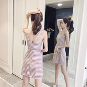 Rochie de dama moderna in carouri in doua culori cu bretele subtiri